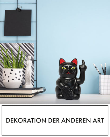 ANGRY CAT - Lucky CAT - Funny waving cat - Japanese waving cat with middle finger - Decorative wobble figure cat - Waving arm with middle finger - 15cm - BLACK-MATT