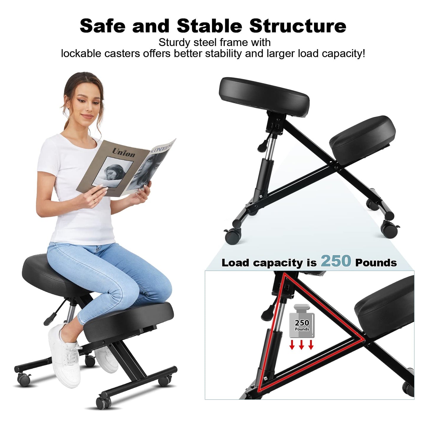 COOCHEER Knee Chair Ergonomic, Adjustable Chair for Office Home, PU Leather Office Stool with Knee Rest to Improve Posture, Desk Chair with Wheels, 3" Cushion