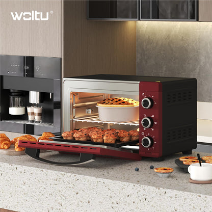 WOLTU Mini Oven, Pizza Oven 32 L, 1600 W, 100-230 °C, 0-60 Min. Timer, 5 Heating Modes, Double Glass Door, with Rotisserie, Baking Tray, Grill Rack, Crumb Tray, Grid Handle, Black+Red