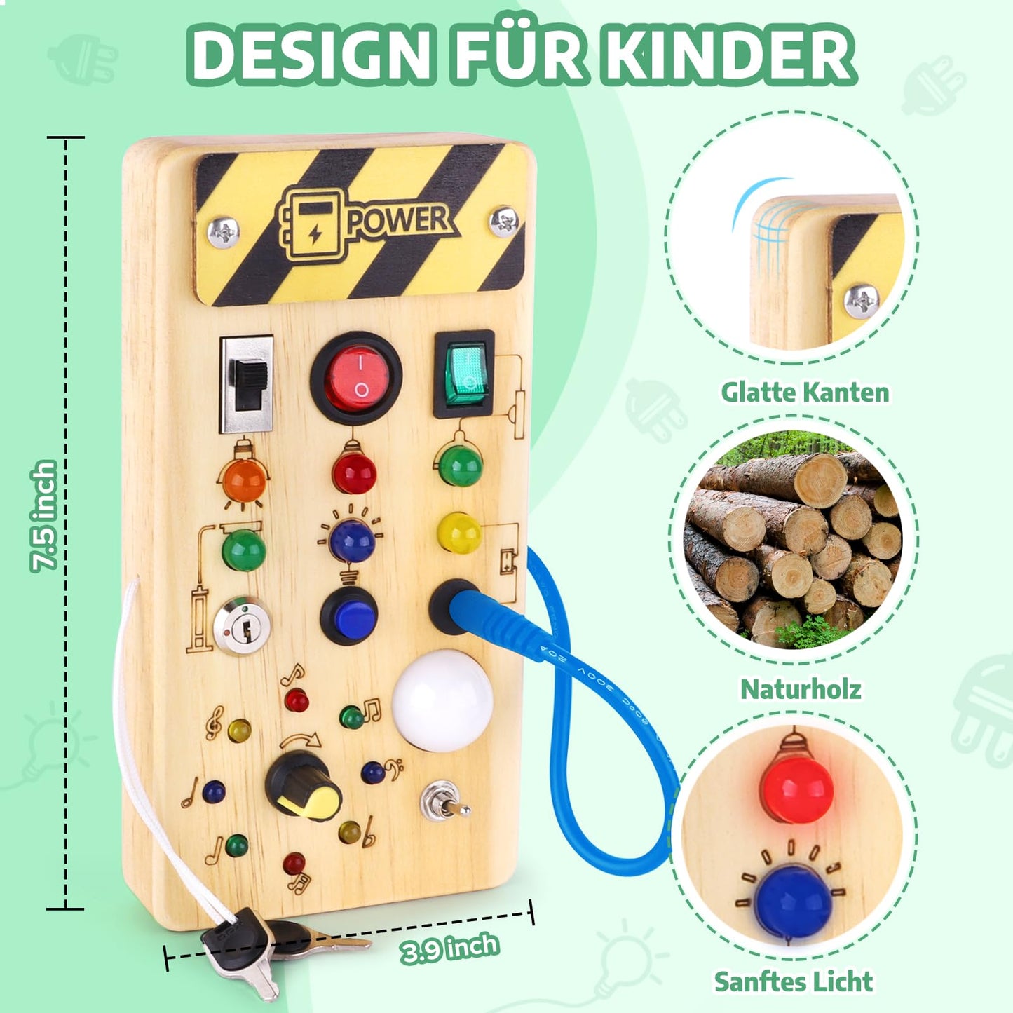 Montessori Busy Board Activity Board for 1 year and up. Wooden toy with 15 LED light switch toys. Sensory learning toy for babies and toddlers ages 1-3.