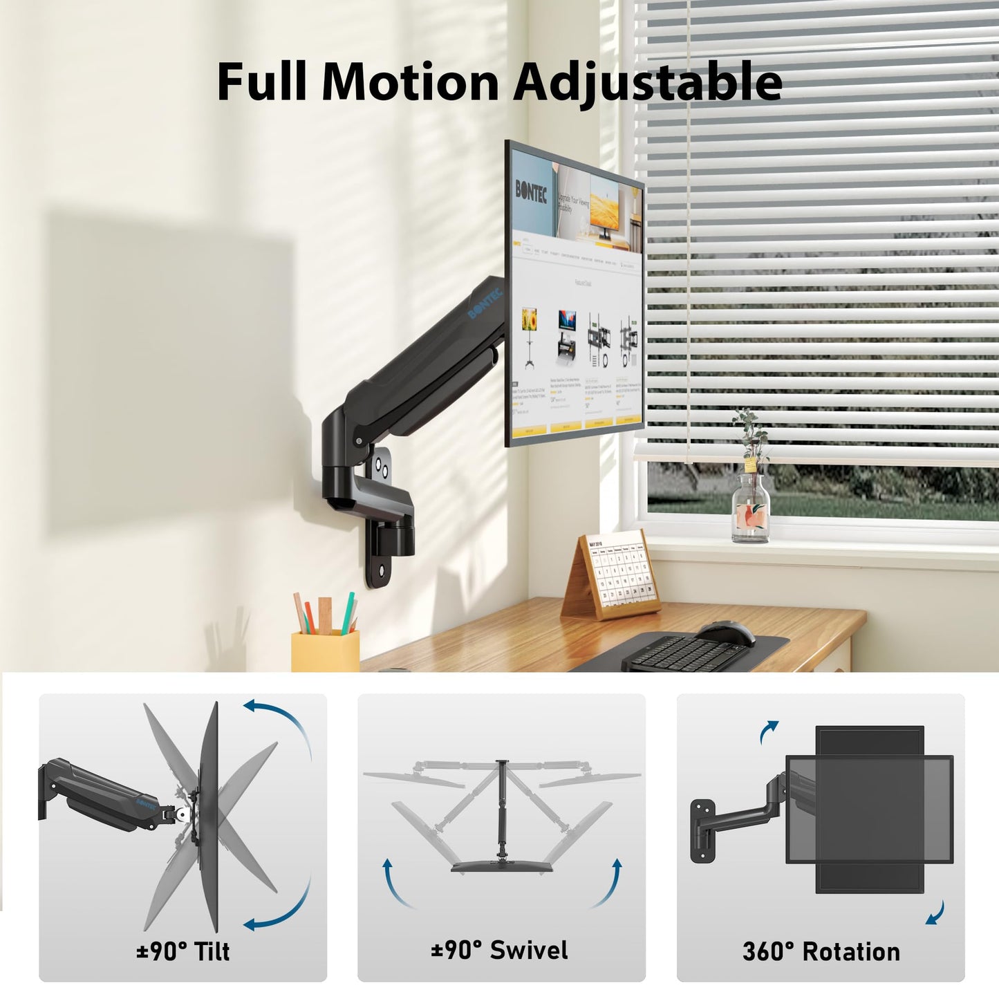 BONTEC 13-42 inch monitor wall mount with VESA Extension Kit for PC monitor & TV up to 9 kg, Fully Adjustable Gas Spring, Tilt & Swivel, Height Adjustable, max VESA 200x200 mm.