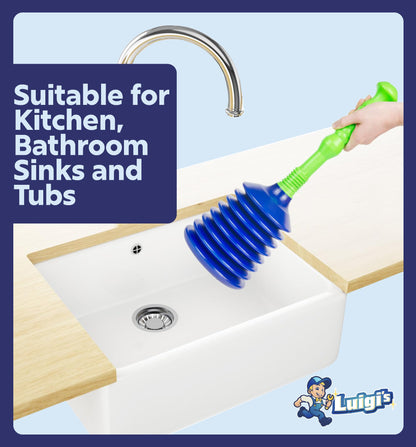 Luigi's sink and drain plunger - for bathroom kitchen sink baths and showers - powerful toilet plunger small with large bellows