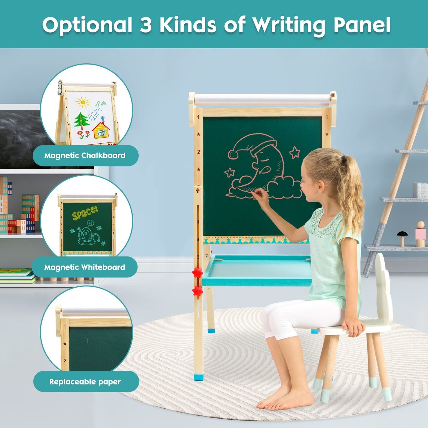 Children's easel with paper roll, double-sided whiteboard and chalkboard. Adjustable standing easel with numbers and other accessories for kids and toddlers.