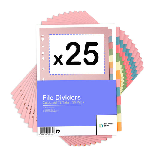 A4 folder dividers, 12-part filing system for ring binders & file folders, 25 pieces, folder and compartment dividers with writable colored index tabs The Paper Shop