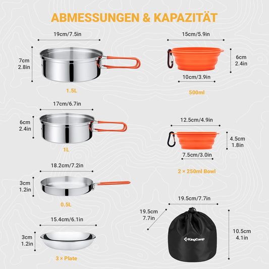 KingCamp Camping Cookware Set, Cookset Dishes Set, Stainless Steel Cooking Pot for 3-4 People, Outdoor Cooking, Picnic, Hiking.