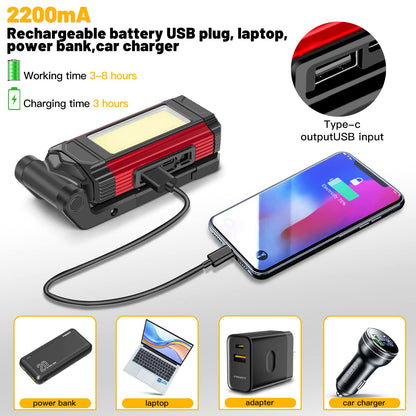 Daphomeu LED Work Light 2 Pack, Ultra Bright COB Work Light & LED Flashlight, Red Emergency Light with Rotatable Magnetic Base, Rechargeable Inspection Lamp for Auto Repairs, Workshop, and Camping.