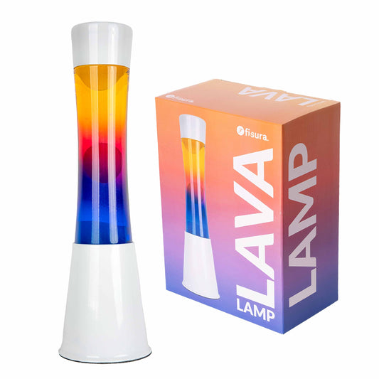 FISURA - Multicolored lava lamp. White base and glass with multicolored gradient effect. Lamp for relaxation. Comes with spare bulb. 11 cm x 11 cm x 39.5 cm.
