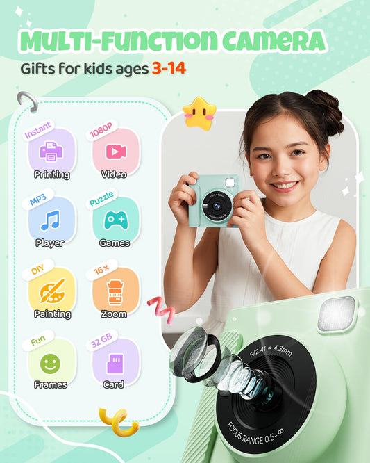 TIATUA Kids Instant Camera, 2.4" Instant Camera for Kids with 32G Card and Photo Paper Print, 1080P HD Kids Digital Camera, Gifts for Boys and Girls 3-12 Years (Green)