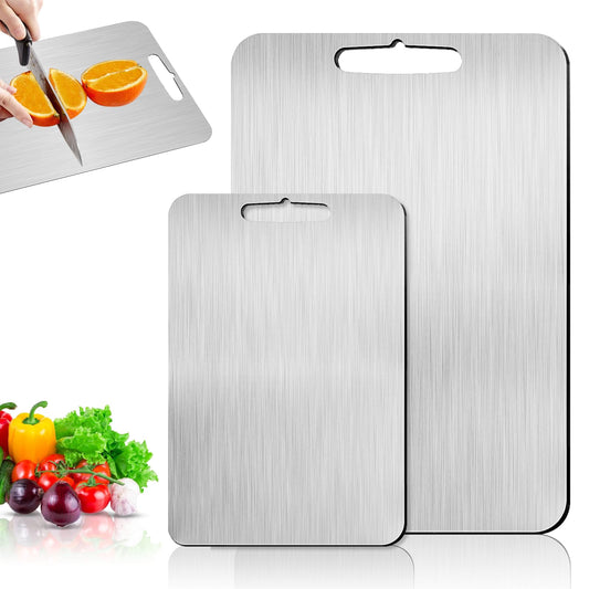 2 pieces of titanium cutting board, 304 stainless steel cutting board, double-sided food grade, for cutting meat, vegetables, fruits (34x23,25x15cm)