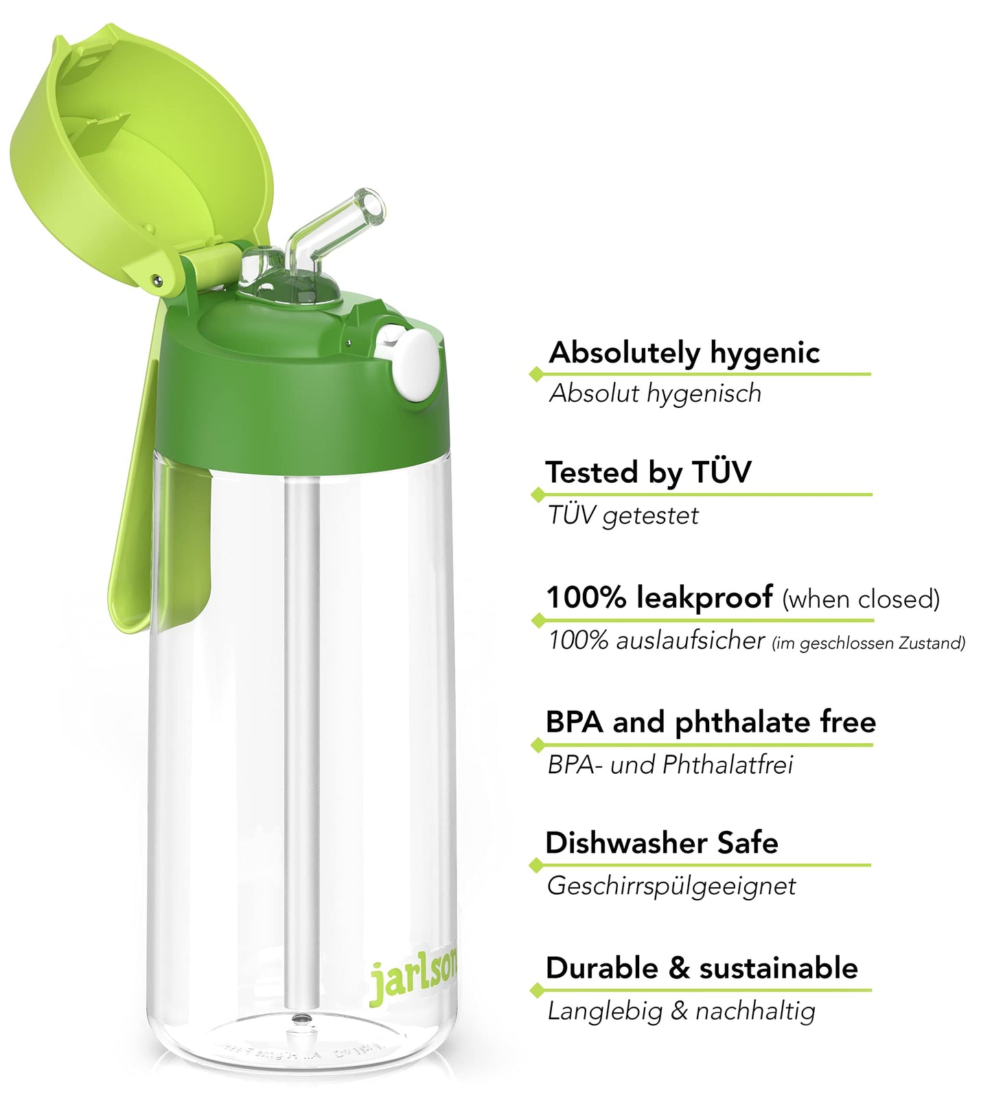 Jarlson® Kids Water Bottle EMI - TÜV tested - 500ml - BPA-free - Leakproof - Straw Cap - Tritan Bottle for School, Kindergarten, Bike (Green)
