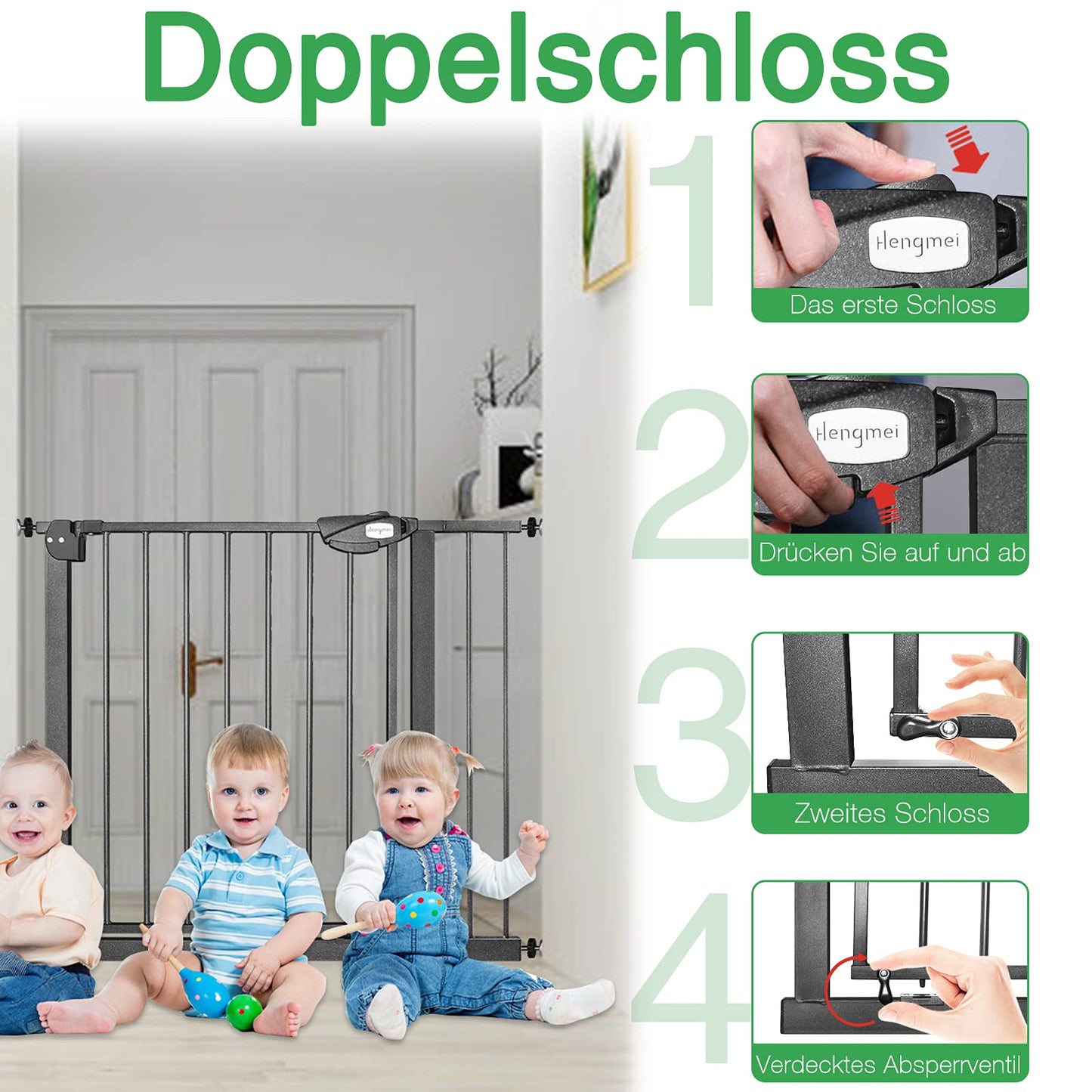 On door safety gate stair gate for children auto-close baby stair gate door gate, without drilling, 180° two-way opening (85-95 cm, Black)