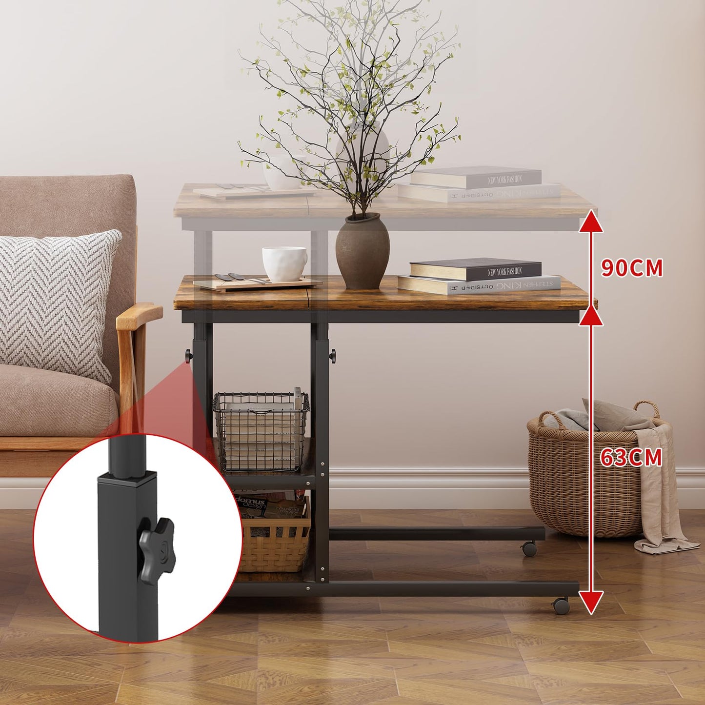 PIPIPOXER side table computer desk with socket and casters, height adjustable wooden desk with 80x40cm tabletop and 4 swivel 360° wheels for computer, laptop, bedroom.