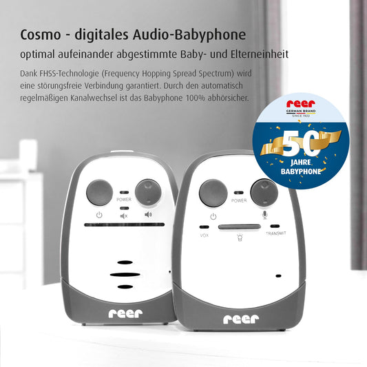 Reer Cosmo baby monitor from the inventor of the baby monitor, with night light, vibration alarm, and two-way talk function, white, 600m range, 50150.