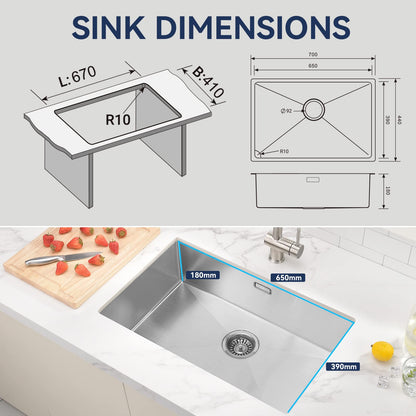 Auralum Kitchen Sink 70 x 44 cm, Large Handcrafted Stainless Steel Kitchen Sink, for 80 cm Kitchen Cabinet, including Siphon, Overflow, and Drain Set, Flush/Inset Sink for Kitchen
