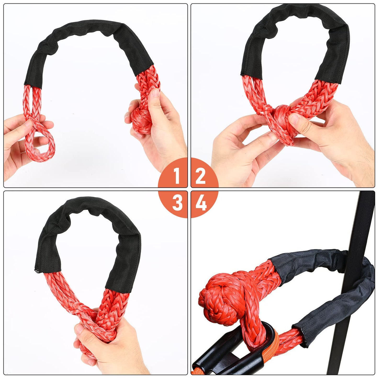 2 pieces of shackles, Professional Soft Shackle with 35,000 pounds breaking strength Soft Off-Road Shackle Rope for Truck ATV-Lock vehicles towing (Red)