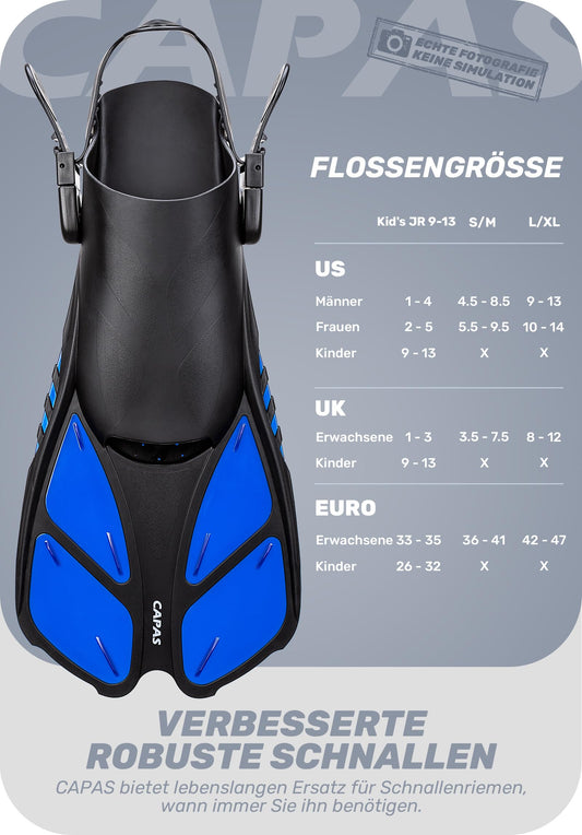 CAPAS snorkel fins, swim fins travel size short adjustable for snorkeling diving adults men women kids open heel dive fins (blue, L/XL)