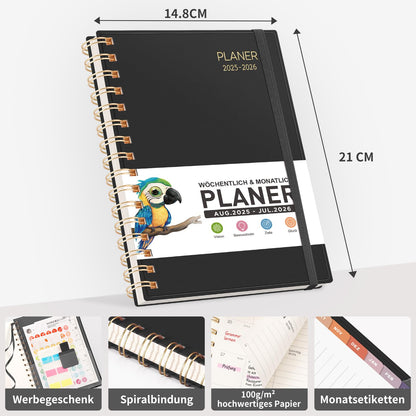 RETACY Calendar 2025 2026 - Weekly Planner Notebook A5, School Planner 25/26, Appointment Planner for School, August 2025-July 2026 planner, Study & Everyday Life (Black)
