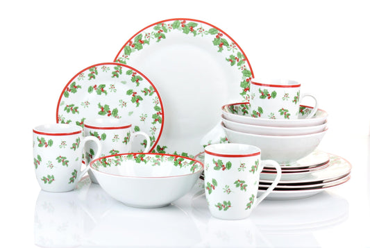 Service set HOLLY 16 pieces for 4 persons/Christmas - Merry Christmas/classic holly decor/porcelain round shape/Waterside England by Retsch Arzberg