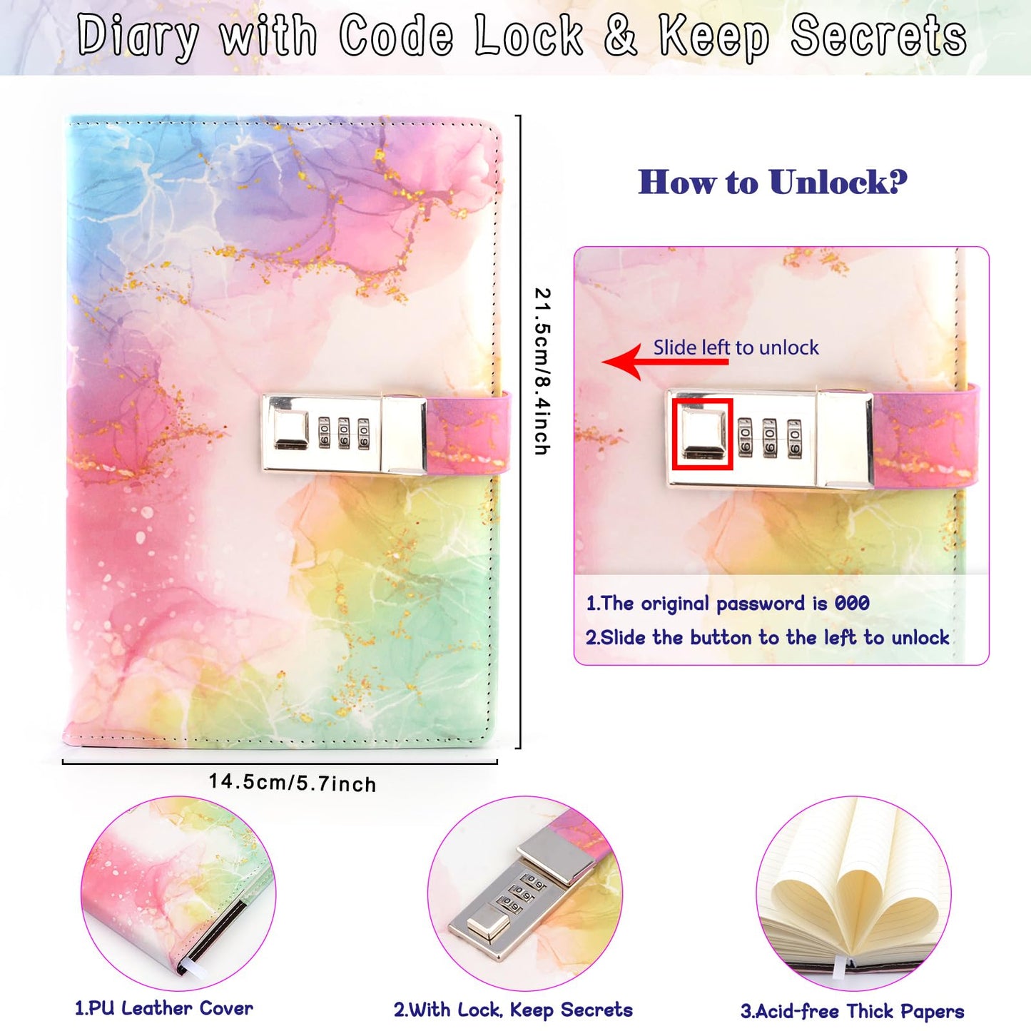 Diary with lock for girls, gifts for girls 8 9 10 11 12 13 years old, Back to School beginning of school birthday gifts for teenage girls ages 7-14, diary with code, note pad, pen, pencil case, school