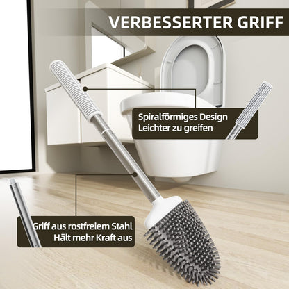 ASOBEAGE Silicone Toilet Brush: Flexible head, stainless steel handle, wall-mounted, quick-drying holder for bathroom cleaning (White)