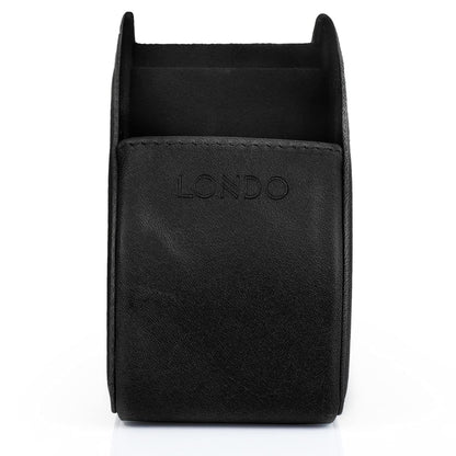London Remote Control Holder with 5 pockets - space for DVD, Blu-Ray, TV, or Apple TV remotes - Italian genuine leather with suede lining - slim compact for living room storage.