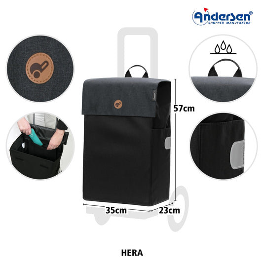 Andersen shopping trolley replacement bag - 47 liters - side pocket - extra inner compartment - water repellent - reflectors - foldable - Hera black