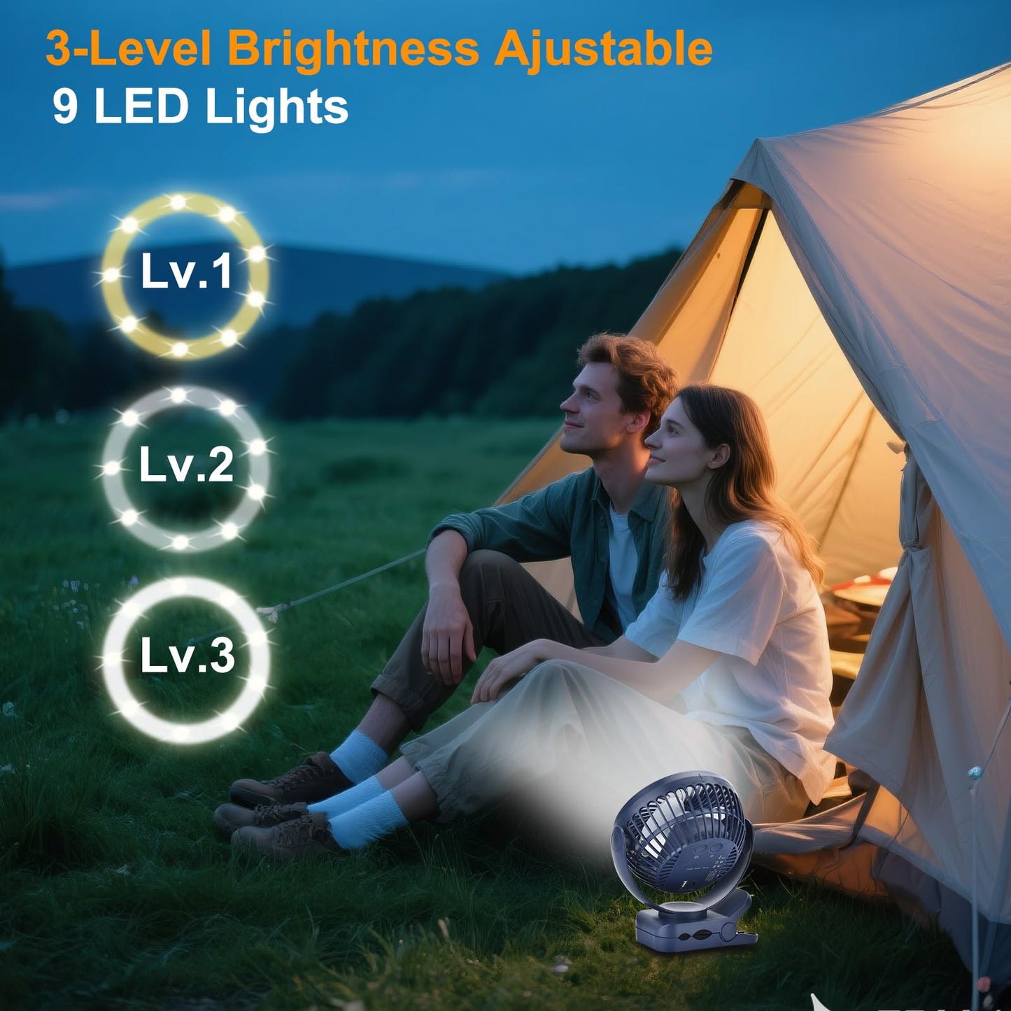 GOBRILLFUN 6 inch 12000mAh Remote Control Clip-on Fan, LED Night Light, 3 Speeds, Portable Personal USB Fan for Home, Office, RV, Outdoor Camping - Blue