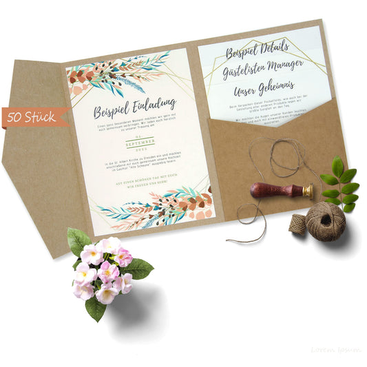 50 pieces of pocketfold kraft paper wedding cards blank I 121 x 158 mm for DIN B6 envelope | 300 gsm | DIY wedding invitations | Pocketfold wedding card | Folded kraft paper card