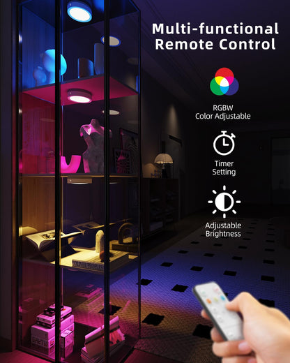 Wireless LED cabinet lighting with remote control and timer, RGB LED spot rechargeable via USB, cabinet lighting without cables, round under cabinet light with magnetic strip, battery-powered touch shelf lighting.