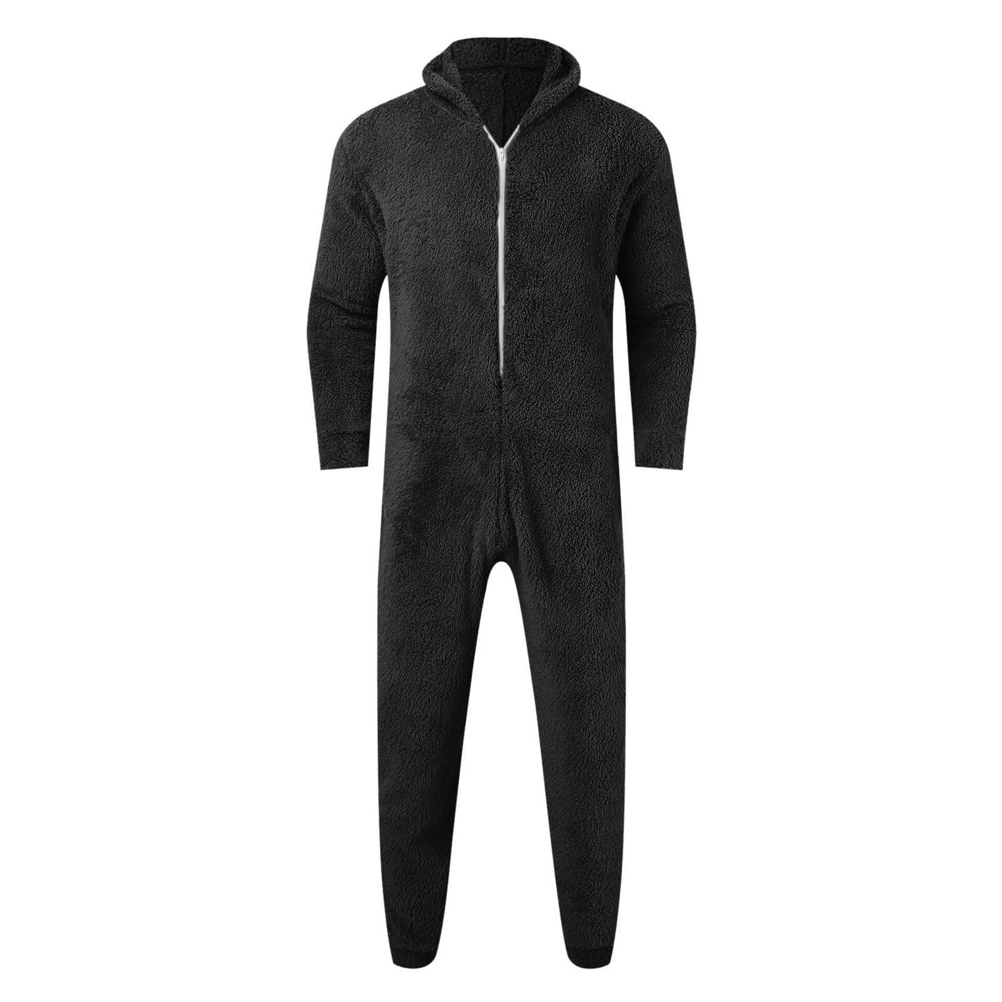 Men's teddy fleece jumpsuit onesie in large size, perfect for winter nights. Warm and fluffy with a hood, this cozy sleepwear is great for lounging around.