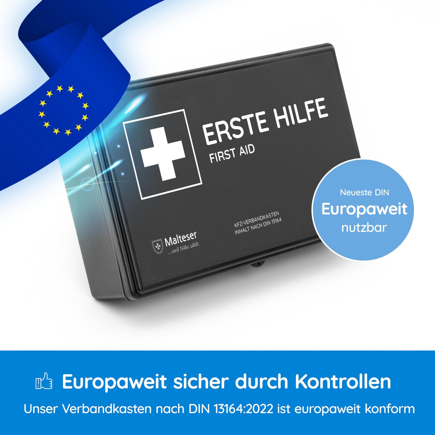 2-piece vehicle first aid kit according to the current DIN 13164:2022 | includes 2 med. face masks each | Valid for 2025 according to StVZO | First aid kit for car/motorcycle | Black