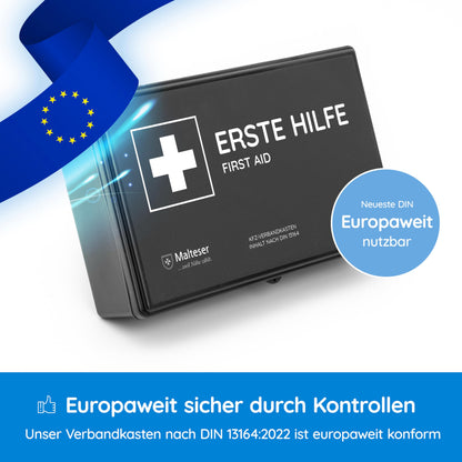 2-piece vehicle first aid kit according to the current DIN 13164:2022 | includes 2 med. face masks each | Valid for 2025 according to StVZO | First aid kit for car/motorcycle | Black