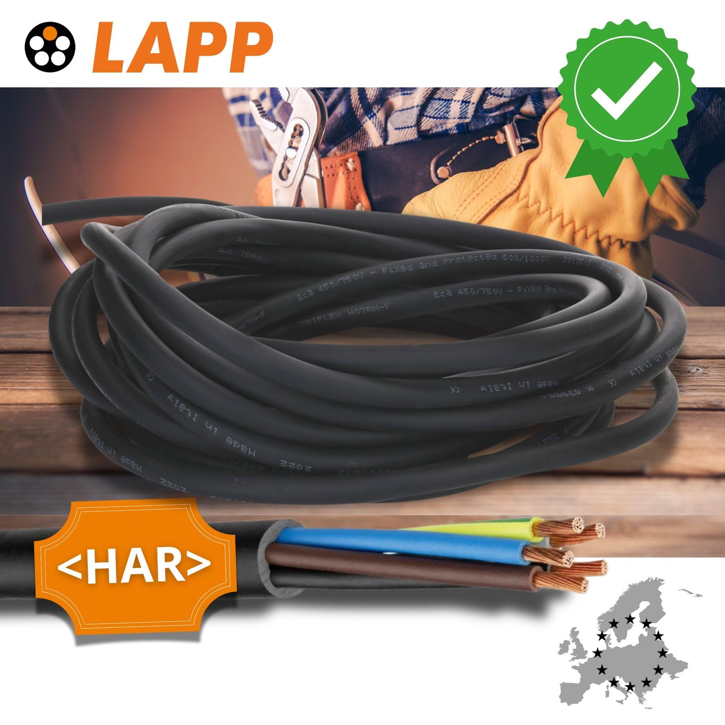 10 meters cable 1600103 H07RN-F 3x1.5 mm² rubber cable flexible with protective earth I UV resistant cable for outdoor use I oil resistant I flame retardant I connection cable 3G1.5 mm2 black