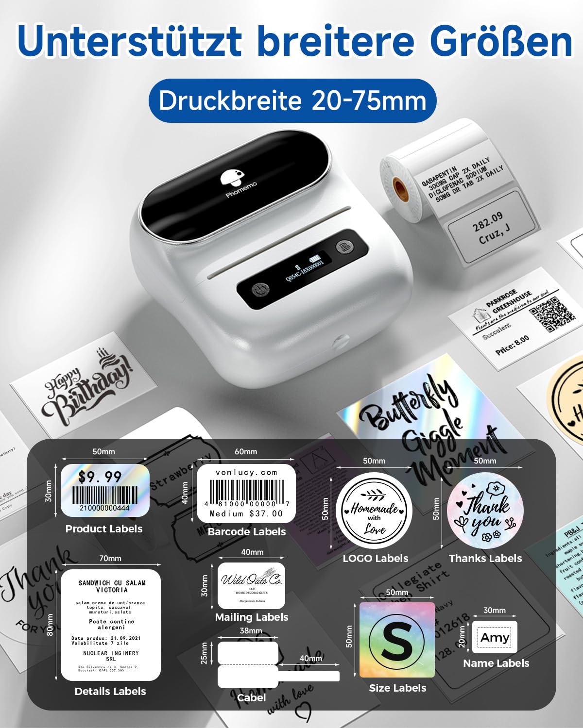 Phomemo M220 label printer with Bluetooth, portable Bluetooth thermal label printer for barcodes, retail, small businesses, compatible with phones & PC systems White.
