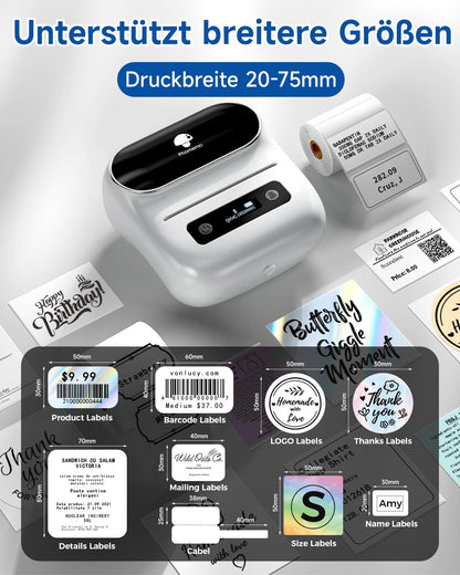 Phomemo M220 label printer with Bluetooth, portable Bluetooth thermal label printer for barcodes, retail, small businesses, compatible with phones & PC systems White.