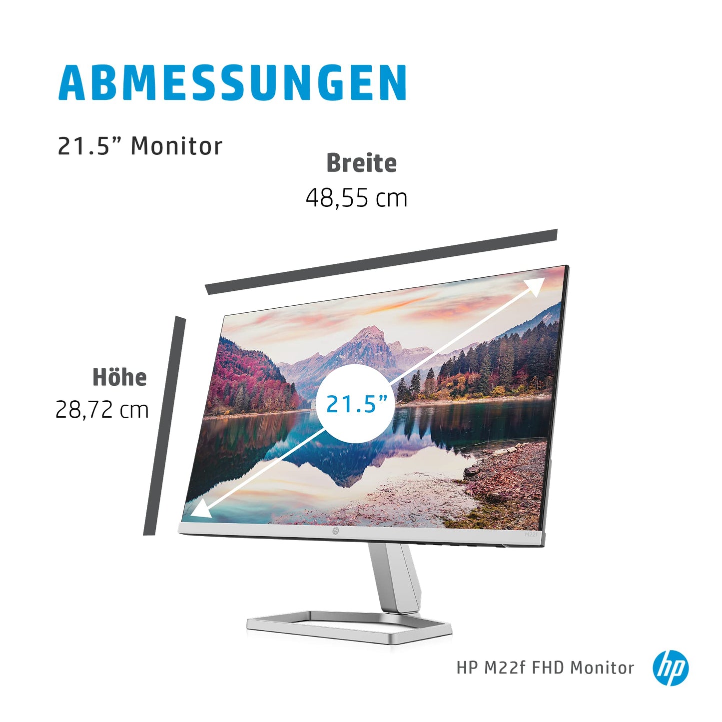 HP M22f Monitor - 21.5 inch screen, Full HD IPS display, 75Hz, 5ms response time, VGA, HDMI 1.4, silver/black.