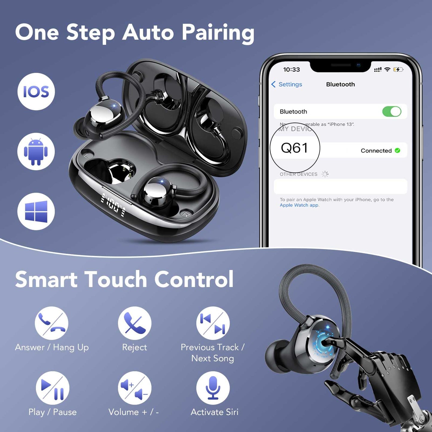 Tukio Bluetooth Headphones Sport, Wireless Bluetooth Earphones, 80Hrs In-Ear 20250119-00 Dark Black