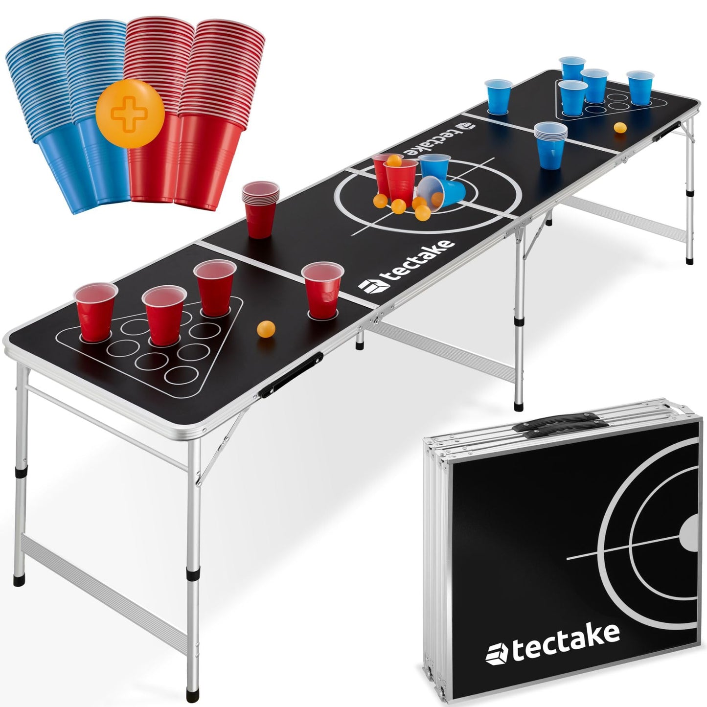 tectake® Beer Pong Table, includes 100 cups (50 red & 50 blue) and 6 balls, adjustable height, foldable table with carrying handles, adult party games, drinking game.
