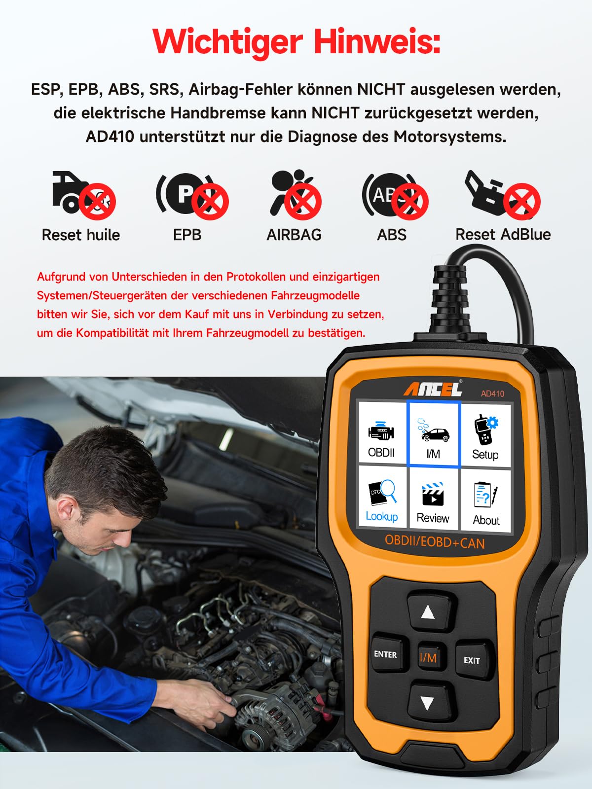 ANCEL AD410 Enhanced Auto OBD2 Diagnostic Tool, Read OBDII/EOBD Error Codes, 8 Languages, DTC Car Diagnostic Tool for All Vehicles after 2002 (Black/Yellow)