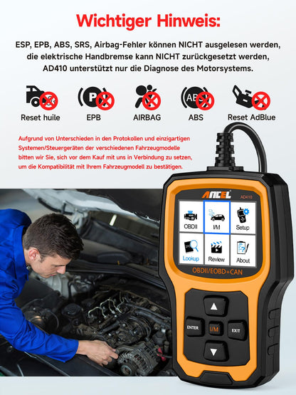ANCEL AD410 Enhanced Auto OBD2 Diagnostic Tool, Read OBDII/EOBD Error Codes, 8 Languages, DTC Car Diagnostic Tool for All Vehicles after 2002 (Black/Yellow)