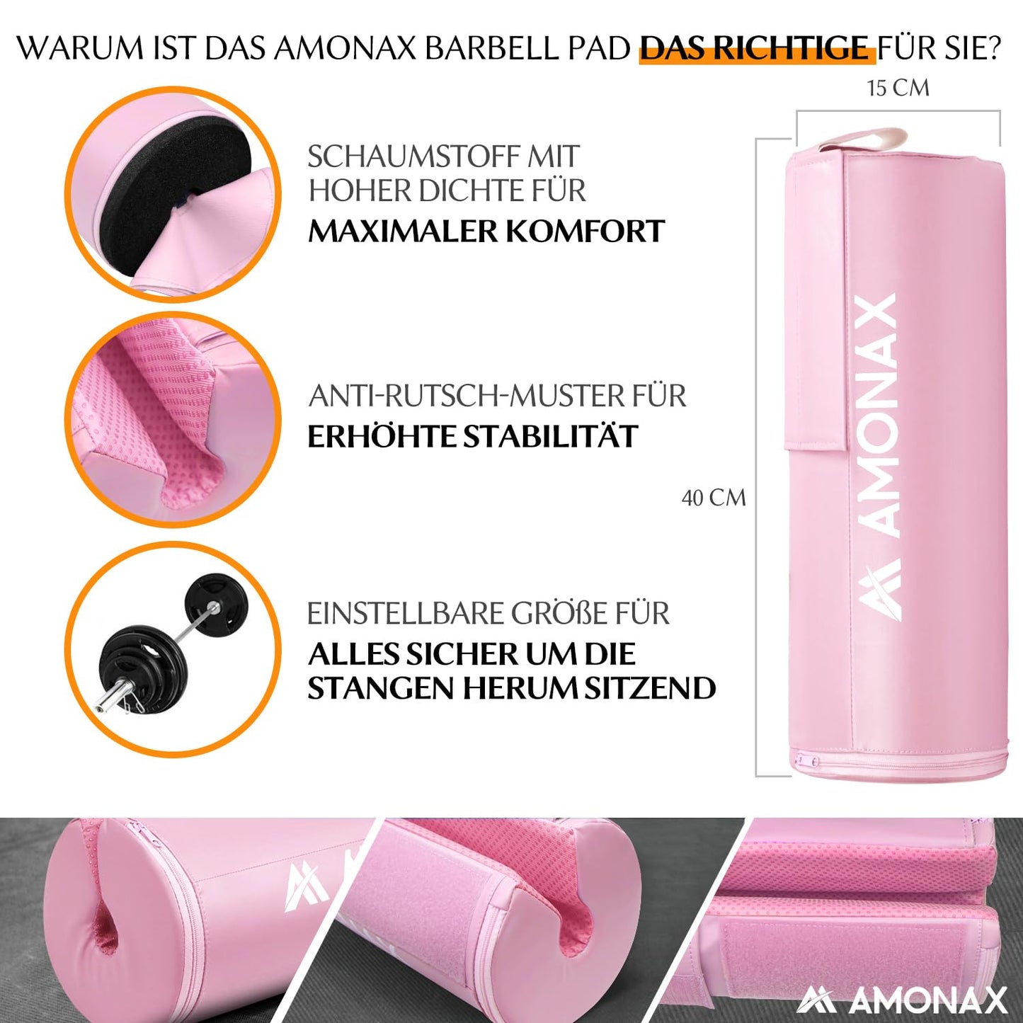 AMONAX Hip Thrust Barbell Pad, Extra Thick Barbell Pad, Durable Gym Accessory, Fitness Pad for barbell, barbell padding for Fitness Accessories Women and Men (Pink)
