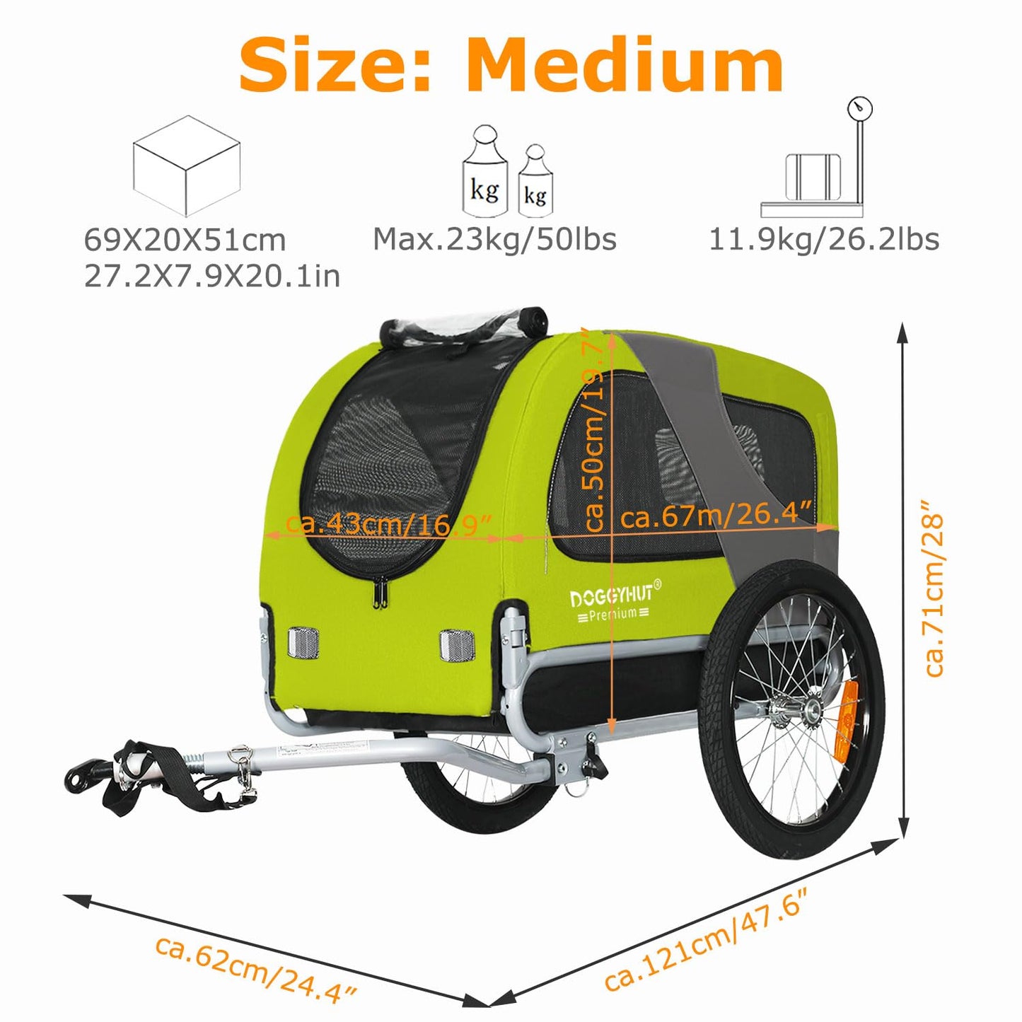 DOGGYHUT® MEDIUM bike trailer for dogs up to 23 kg, foldable (GREEN)