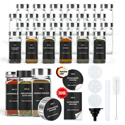 Square Spice Jars with Labels Set of 24: Small 120ml glass spice jars with sprinkle inserts Waterproof labels - Spice storage for kitchen drawer - Silver spice shaker