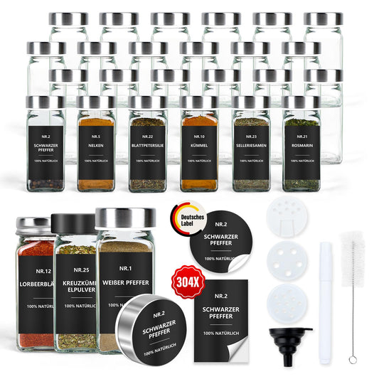 Square Spice Jars with Labels Set of 24: Small 120ml glass spice jars with sprinkle inserts Waterproof labels - Spice storage for kitchen drawer - Silver spice shaker