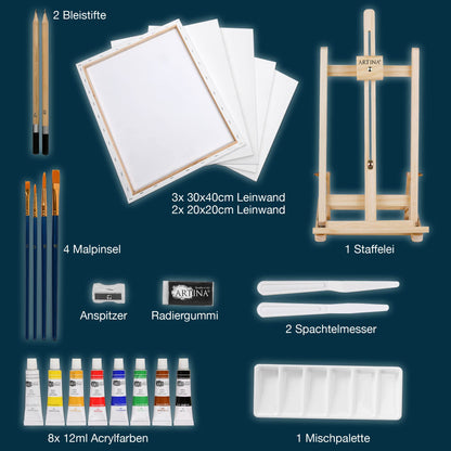 Artina 25-piece Premium Painting Set with Table Easel Lisbon - Painting Supplies Artist Set 8x 12ml Acrylic Colors Set, 5x Canvas Set, Brushes - Painting Set for Adults Kids - FSC® Easel Set