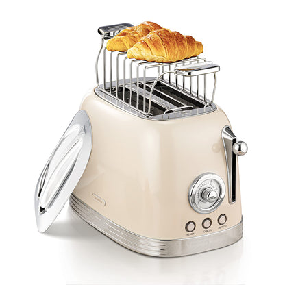 Wiltal Toaster 2 slices, retro design, with bun rack, stainless steel lid, preheat, defrost, cancel functions, countdown timer display, Quick-Toaster (cream)