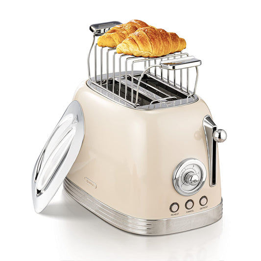 Wiltal Toaster 2 slices, retro design, with bun rack, stainless steel lid, preheat, defrost, cancel functions, countdown timer display, Quick-Toaster (cream)