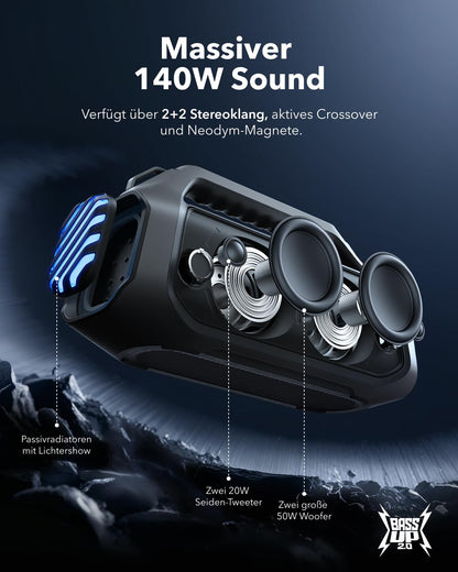 soundcore Boom 2 Plus outdoor speaker, 140W, 2+2 Channel, BassUp 2.0, 20h battery life, Fast Charge, IPX7 waterproof, RGB lights, USB-C, Power Bank, BT 5.3, portable Bluetooth speaker, Camping