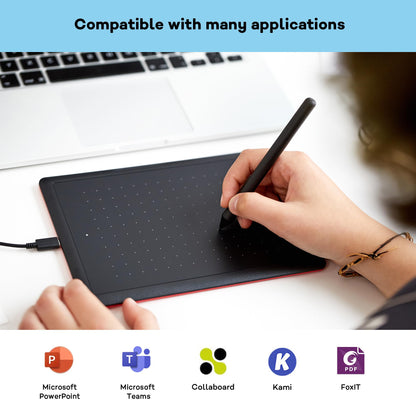One by Wacom pen tablet with pressure-sensitive pen, compatible with Windows, Mac & Chromebook, Small, black/red.