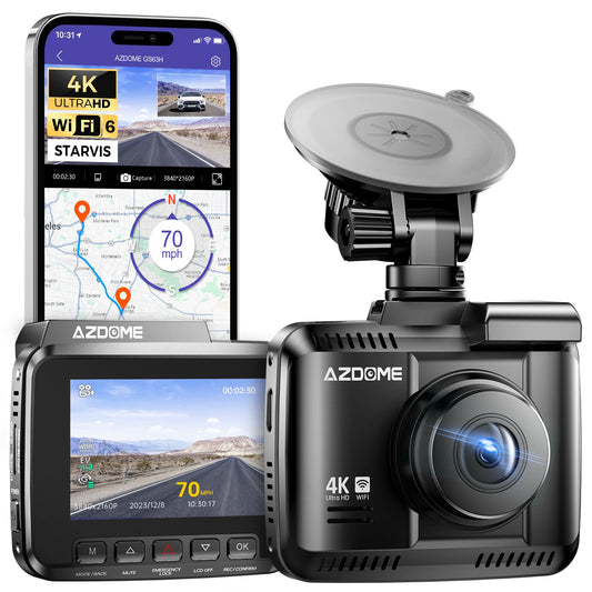 AZDOME Dashcam car with 4K resolution, WiFi car camera with GPS, dash camera with night vision, 170° wide angle, WDR, 2.4" IPS, 24/7 parking monitoring, motion detection, loop recording (GS63H)
